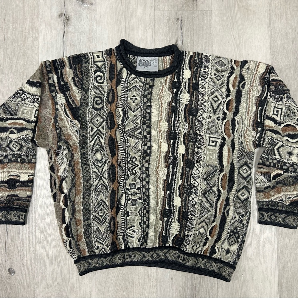 COOGI Men's Black and Brown Patterned Crewneck Sweater vintage 1990s